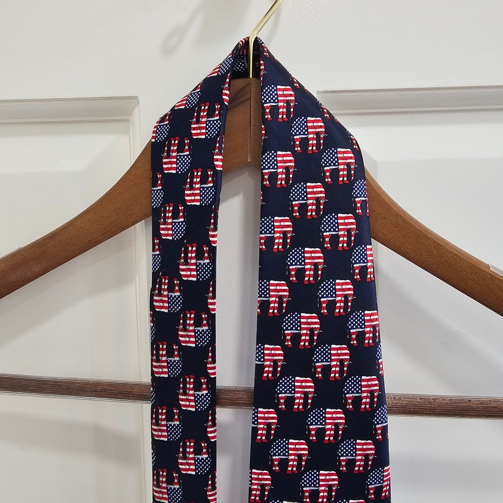 Rene Chagal Mens Navy Blue American Flag Elephant Patriotic Handmade Necktie